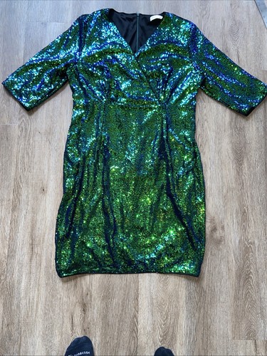 Bella Pogue XL Sequin Mermaid Fade Green Blue Purple Short Cocktail Lined Dress - Picture 7 of 9