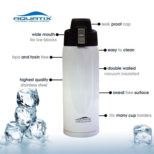 Aquatix White Insulated FlipTop Sport Bottle 21 ounce Pure Stainless Steel - Picture 3 of 6