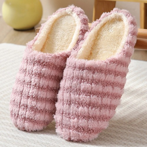 Unisex Indoor Warm Striped Silent Soft Cotton Fuzzy House Slippers Slip On Shoes - Picture 7 of 16