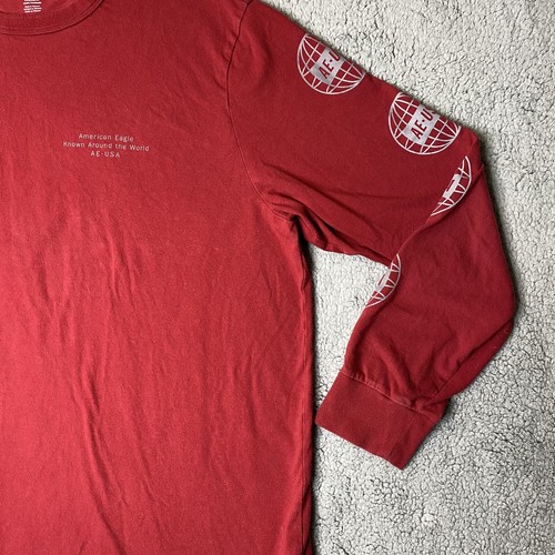 Camisa American Eagle Para Hombre XXL Manga Larga Conocida Alrededor del Mundo ROJO GRANATE - Imagen 6 de 16