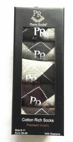 Men's Pierre Roche Argyle Diamond Golf 5 Pairs Cotton Rich Socks Gift Box - Picture 4 of 5