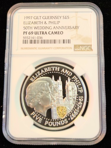 1997 GUERNSEY SILVER 5 POUNDS ELIZABETH & PHILIP ANNIV NGC PF 69 ULTRA CAMEO TOP - Picture 4 of 4