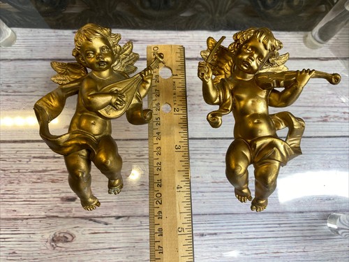 2 Depose Italy gold cherub angel ornaments playing Mandolin Violin 1965 1966 - Picture 2 of 8