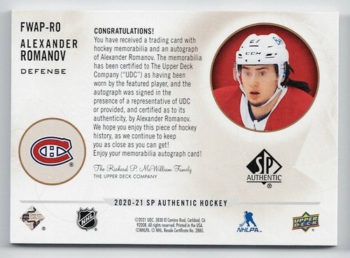 2020-21 SP Authentic Future Watch Limited Autograph Patch Alexander Romanov /100 - Picture 2 of 2