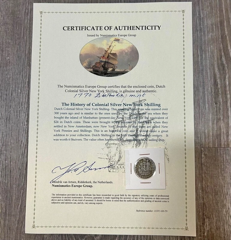 Certificate of Authenticity Silver 1763 Colonial New York Ship Shilling Zeeland - Image 4 of 4
