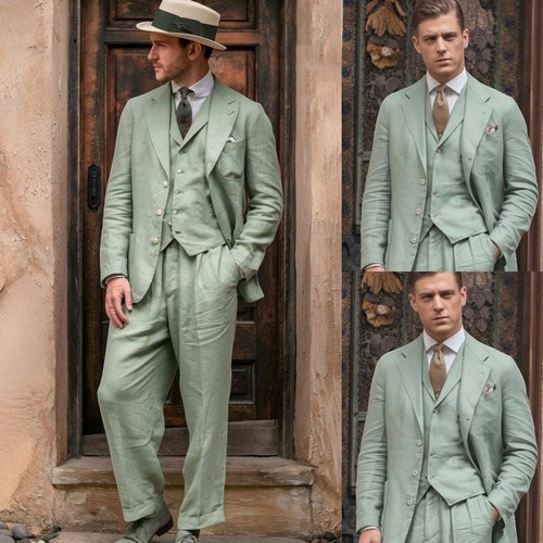 Green Linen 3Pcs Men Suits Peak Lapel Summer Wedding Tuxedos Formal Party Jacket - Picture 4 of 10