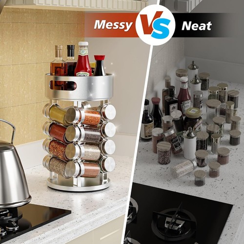 2 Tier Rotating Spice Rack Set With 16 Jars and Extra Top Tray, 1PACK, SILVER - Picture 7 of 7