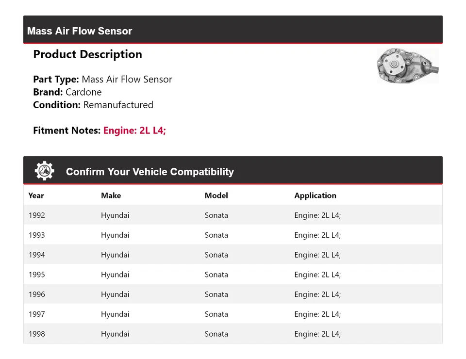 Sensor de flujo de aire másico Cardone 1993 1994 1995 para Hyundai Sonata 1992-1998 2L L4 Foto 2 de 4