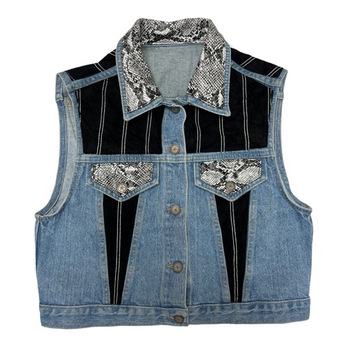 Girl's Sleeveless Button Up Black And Snake Skin Trim Blue Denim Vest Size M - Picture 4 of 12
