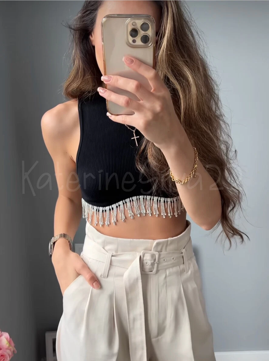 ZARA NEW WOMAN SS23 BLACK SEAMLESS TOP WITH RHINESTONES REF 7901 809 SALE