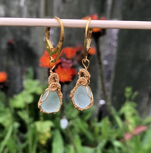Sea Gass Jewellery Earrings Handwrapped•Gold Plated•Dangle•Unique 💝 Handmade - Picture 2 of 8