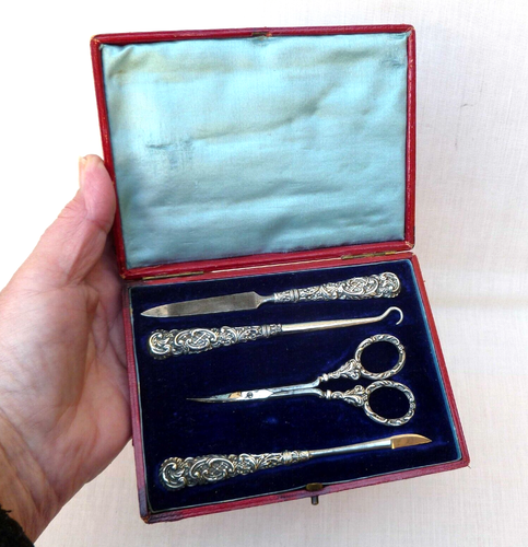 ANTIQUE BOXED REPOUSSE SILVER MANICURE SET TOOLS – BUTTON HOOK - SCISSORS 1876 - Picture 11 of 14