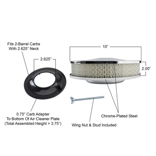 10" Chrome Plated Steel Air Cleaner Assembly, 2 BBL Barrel Carb/Carburetor - Picture 6 of 9