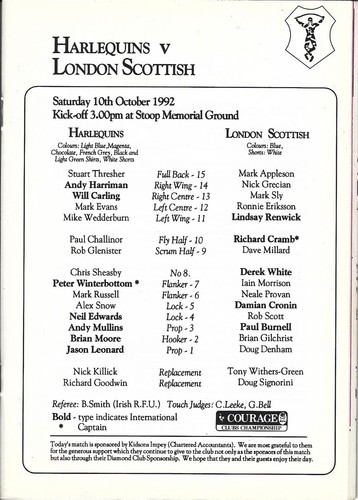 Harlequins v Londres escocés 10 de octubre de 1992 PROGRAMA DE RUGBY - Imagen 2 de 2