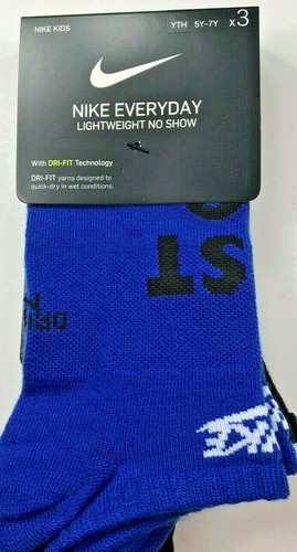 NIKE Kids Everyday Lightweight No Show Socks / Youth 5Y-7Y/ 3 Pack Blk/Gray/Blue