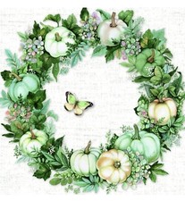 Two Single Paper Lunch Napkins for Fall Autumn Pumpkin Wreath Butterfly Green