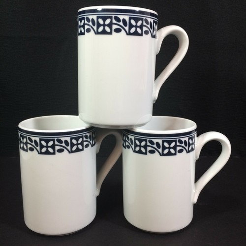 Dansk Bistro Lyndhavn Cobalt Blue Flower Leaf Pattern Set of 3 Mugs Portugal - Picture 1 of 7