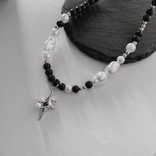 Women Girl Black White Beads Necklace Baroque Pearl Necklace Star Pendant Choker - Picture 4 of 8