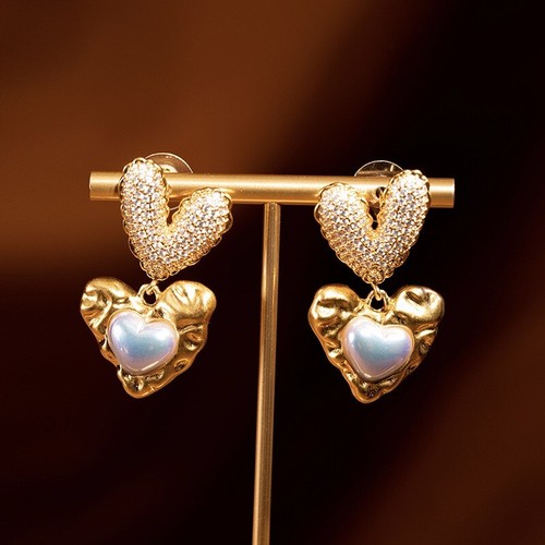 18K Unique Pin Heart Earrings, Heart Shaped Dangle Earrings - Picture 3 of 6