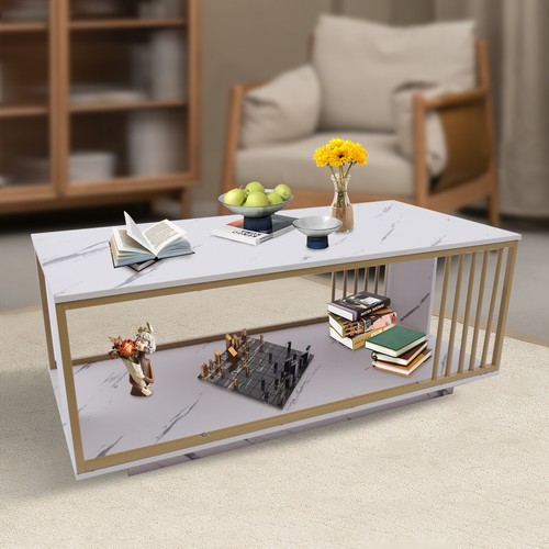 Modern White Gold Coffee Table High Gloss Marble Veneer Rectangle End/side Table - Picture 3 of 15