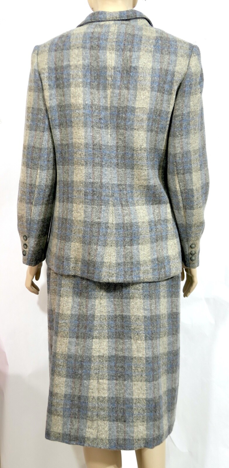 Vintage 60s 70s Wool Plaid Skirt Suit Blue Gray K… - image 3