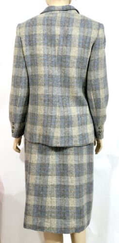 Vintage 60s 70s Wool Plaid Skirt Suit Blue Gray Koret M mod Rockabilly women’s - Picture 3 of 10