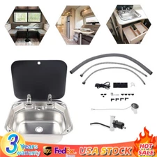 RV Caravan Camper Sink Stainless Steel Hand Wash Basin & Glass Lid & Faucet