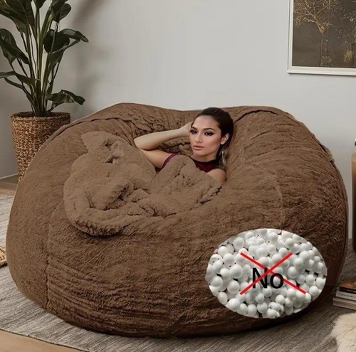 Brown 7ft Giant Bean Bag Cover Fluffy Faux Fur Sofa Sac Beanbag Lounge Recliner - Picture 2 of 8