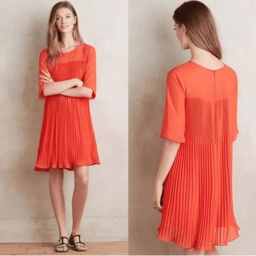 Anthropologie Maeve UK 10 Edie Mandarin Red/Orange Pleated Swing Dress - Picture 2 of 10