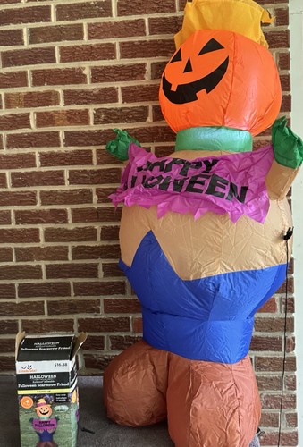 4' Inflatable LED Halloween Harvest Pumpkin Boy Holding "Happy Falloween" Banner - Picture 3 of 8