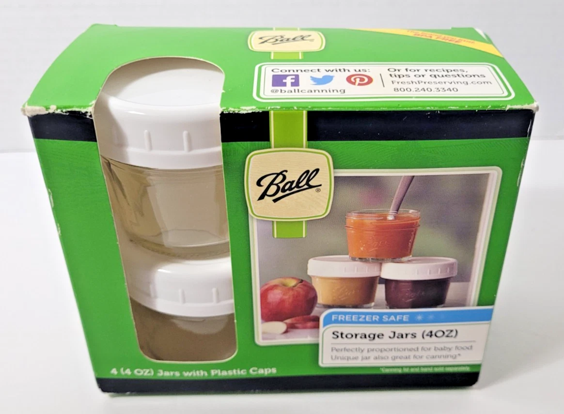 4 Ball 4 oz Storage Jars Glass Baby Food Canning Freezer Safe Plastic Caps Set