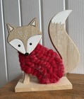 Wooden Fox Figure With Red Yarn Wool Sweater Body Decor Shabby Chic 8” x 8”