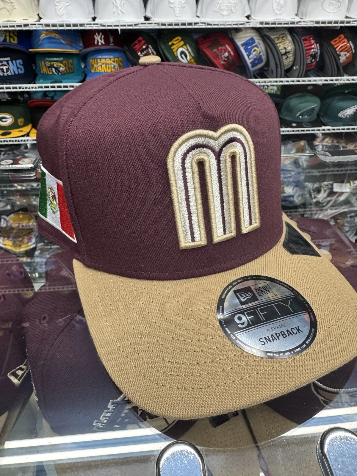 New Era Mexico M Baseball 9Fifty A Frame SnapBack Hat Burgundy Gold Mexico Flag