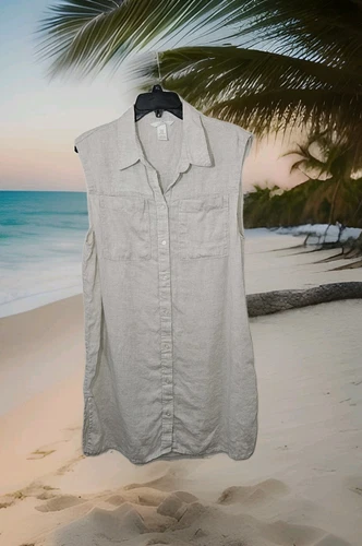 H&M 100% Linen Mini Shirt Dress Beige Collared Button Up Summer Vibes Sz M