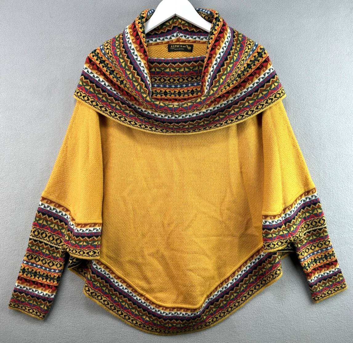 Alpaca Sweater Poncho Cape One Size 100% Alpaca Cowl Neck Peru Fair Isle Ruana