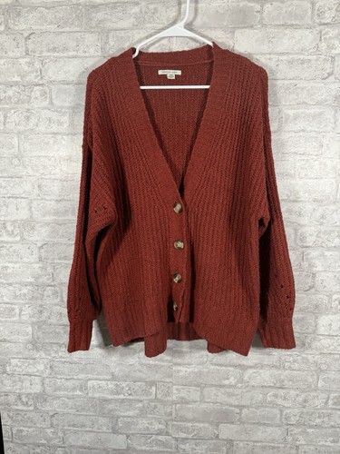 American Eagle Strickjacke Damen M rostfarben V-Ausschnitt Knopfleiste Langarm
