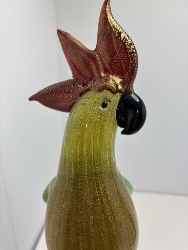 Vintage 2 green , red & Gold Murano Art Glass Parrots Cockatoo Birds made Italy. - Picture 11 of 24