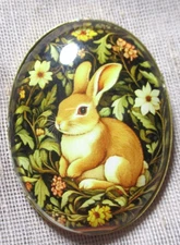 XL GLASS PICTURE BUTTON  CUTE RABBIT AMONG FOILAGE & FLOWERS