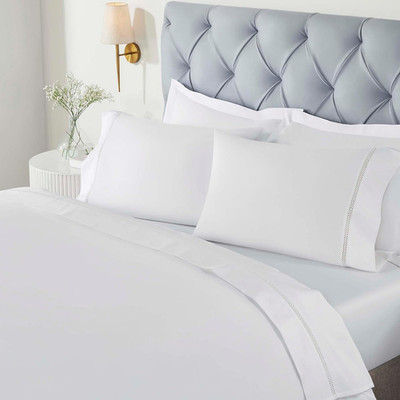 Embroidered Cotton Bed Sheet Set, 1 Elastic Deep Pocket Fitted Sheet, 1 Flat She