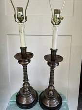 PAIR “As You Like It” Twist Candlestick Table Lamps Tole Faux Metal Marble 34”