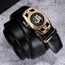 Mens Luxury Black Leather Belt Golden Dragon Auto?Ratchet Buckle Formal Dress