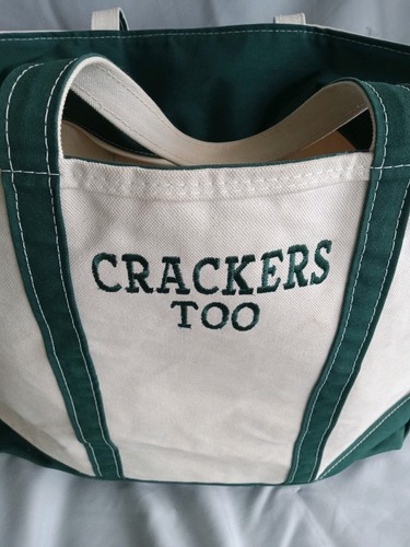 VINTAGE LL BEAN BOAT & TOTE GREEN BEIGE XL CANVAS BAG w ZIPPER "CRACKERS TOO" - Picture 16 of 24