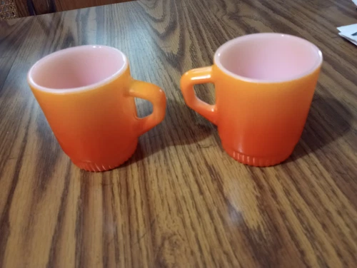 Vintage Fire King Orange Mug Set of 2 Stackable 8oz Coffee Cups Anchor Hocking
