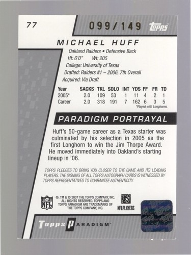 2006 Topps Paradigm Michael Huff #77 Autograph Rookie RC. 099/149 - Picture 2 of 2