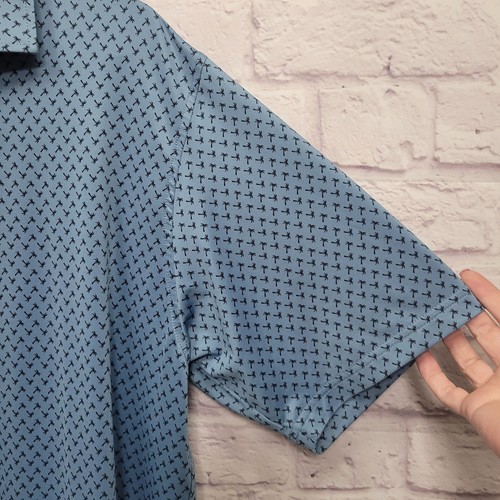 Polo de rendimiento con estampado de palmeras FootJoy para hombre L verde azulado complejo de golf vacaciones preppy - Imagen 3 de 8