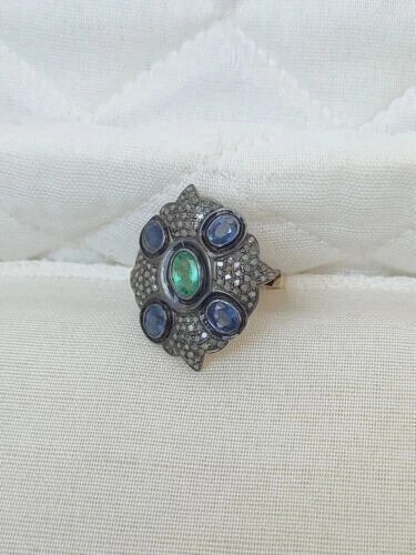 Smaragd Edelstein Ring blauer Saphir Ring Pave Diamantring 925 Silber Ring - Bild 5 von 8