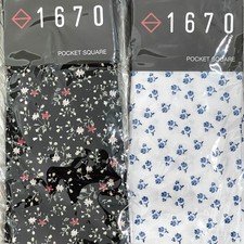 2pc Set 1670 Cotton Pocket Square - Black Mini Floral - White Blue Floral - 30