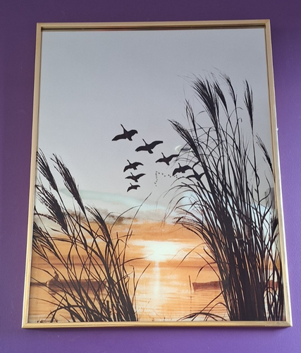 Vintage Retro 80er Fliegende Gänse Fluss See Landschaft Szene Glas Spiegel gerahmt