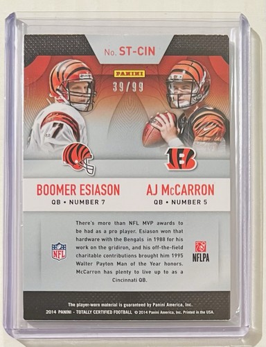 AJ McCarron Boomer Esiason 2014 TC Stitches In Time Dual Jersey 39/99 Bengals - Picture 2 of 2