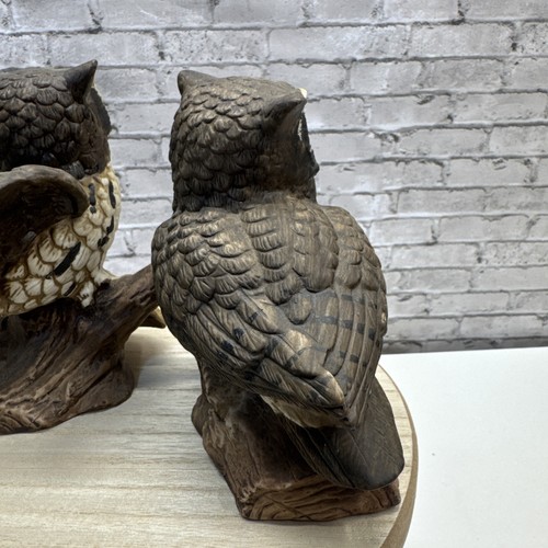 Homco Keramik gehörnte Eulen auf Baumstämmen Figuren 5" Vintage 70er Jahre 2er Set - Bild 7 von 10